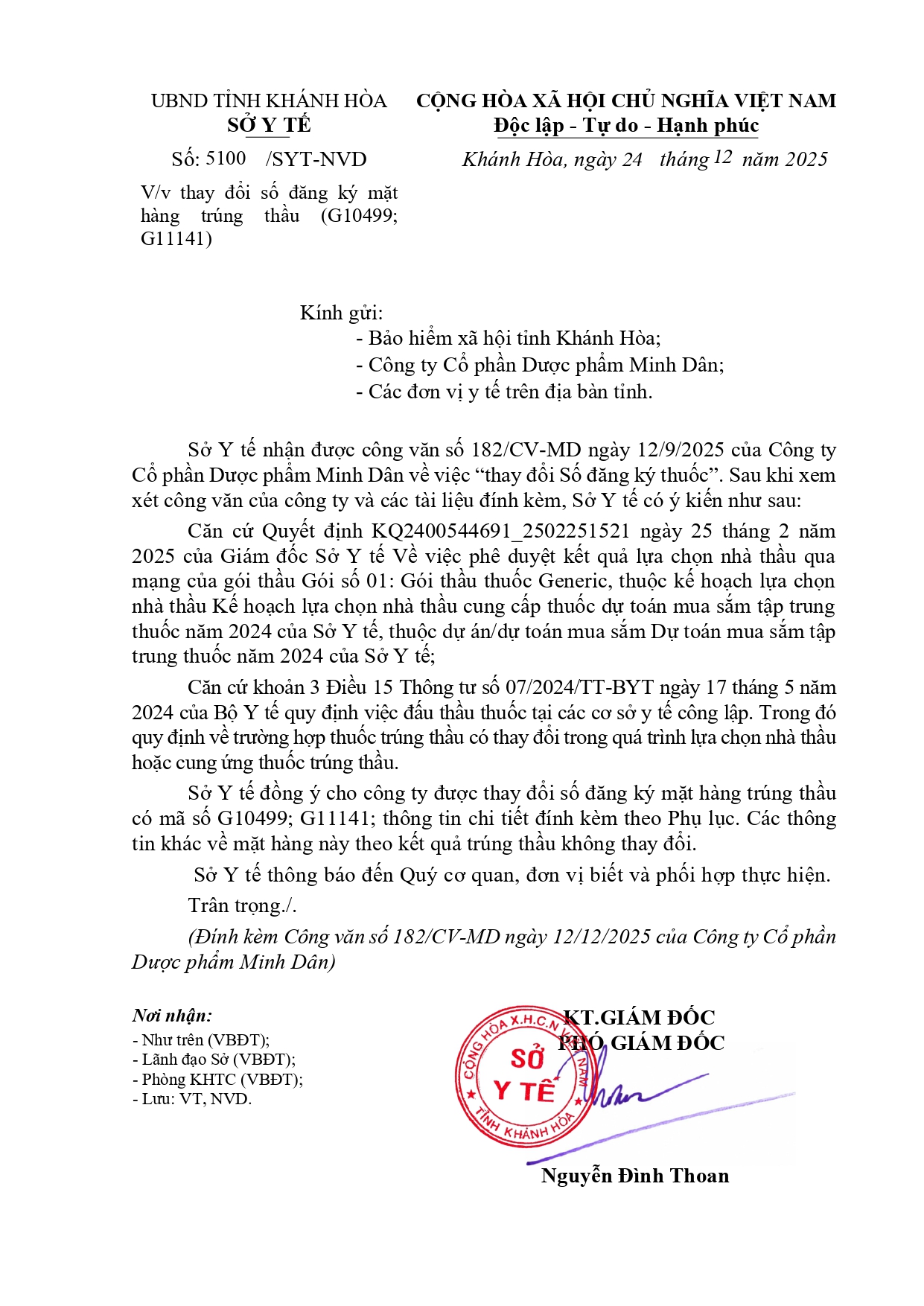 V/v thay đổi số đăng ký mặt hàng trúng thầu (G10499; G11141)